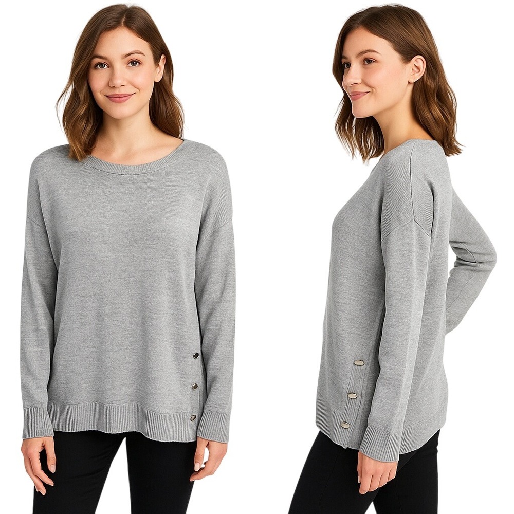 Dressbarn Medium Gray Knit‎ Pullover Sweater Button Side Crew Neck Long Sleeve